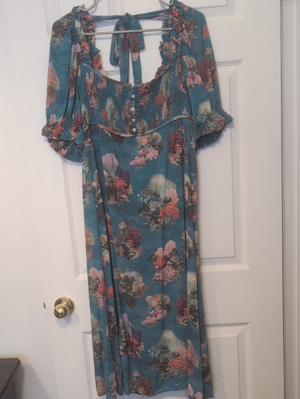 Anthropologie Teal Scenic Landscape Smocked Midi Dress, M